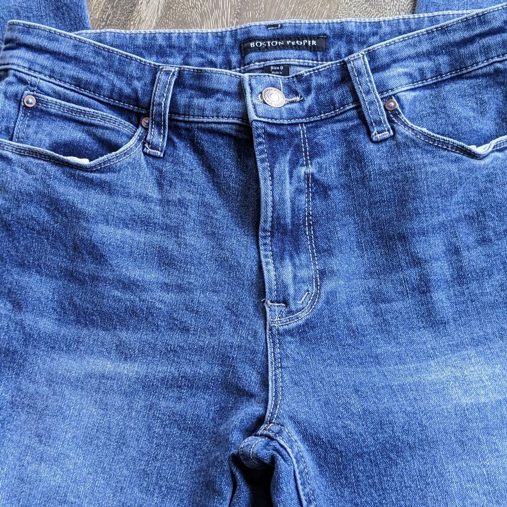 Boston Proper Medium Wash Hi-Rise Distressed Straight Denim Blue Jeans, Size 10